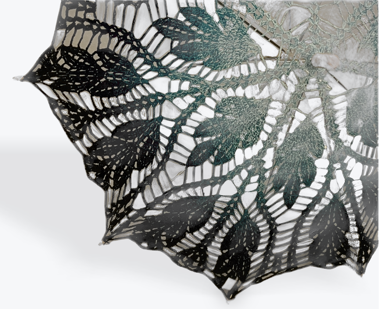 Gradient Teal to Black 33" Parasol - Compound Leaves Pattern
