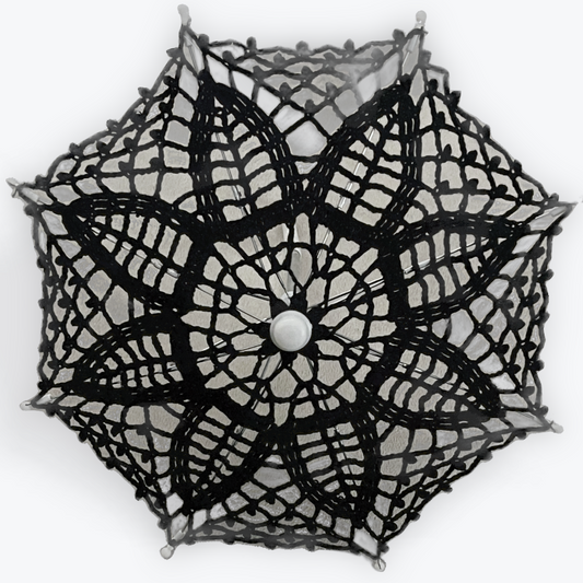 Black lace parasol on a white background is facing the viewer.