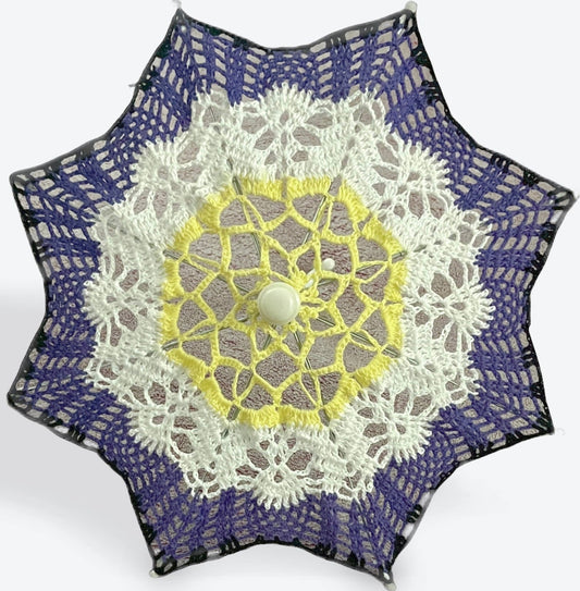 A 12" parasol with a crocheted doily is open and facing the viewer. This parasol has yellow at the center followed by white, purple, and black as the Non-Binary Pride Flag.