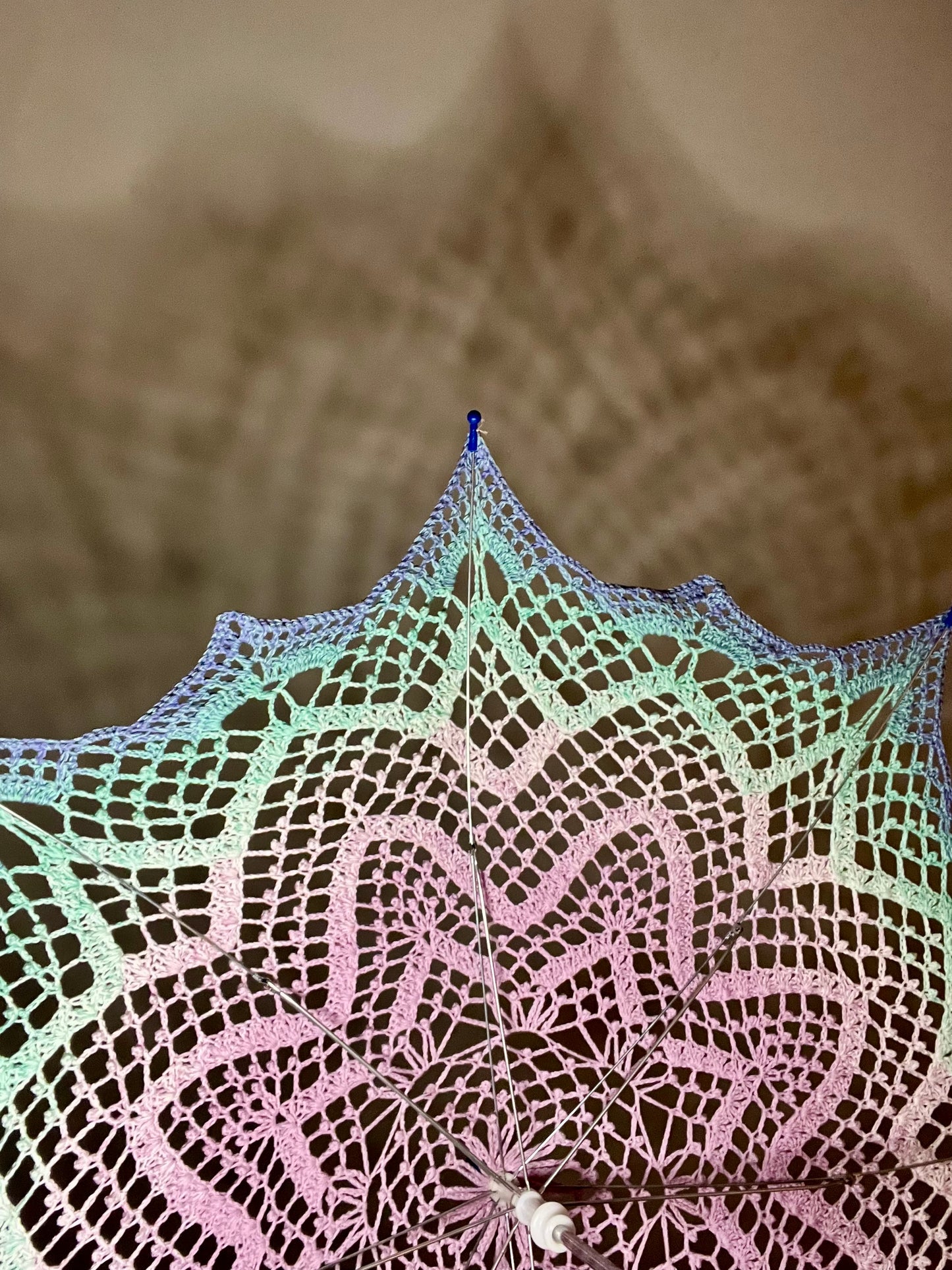 Pink, Teal, and Blue 30" Parasol - Stars & Picots pattern