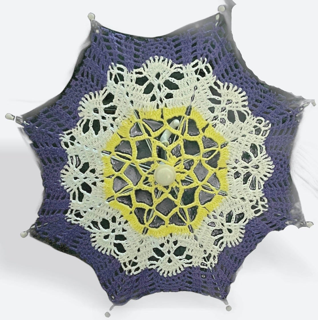 A 12" parasol with a crocheted doily is open and facing the viewer. This parasol has yellow at the center followed by white, purple, and black as the Non-Binary Pride Flag.
