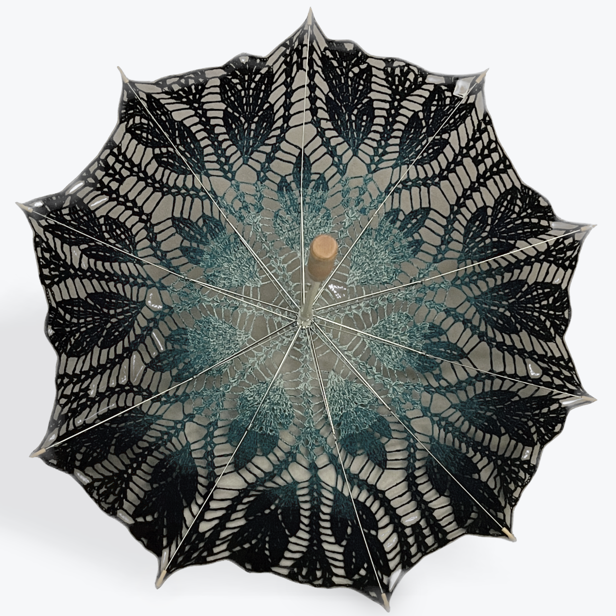 Goth whimsy in a parasol! Slow gradient from light teal to black at the outer edge with bamboo handle, topper, and arm details. 